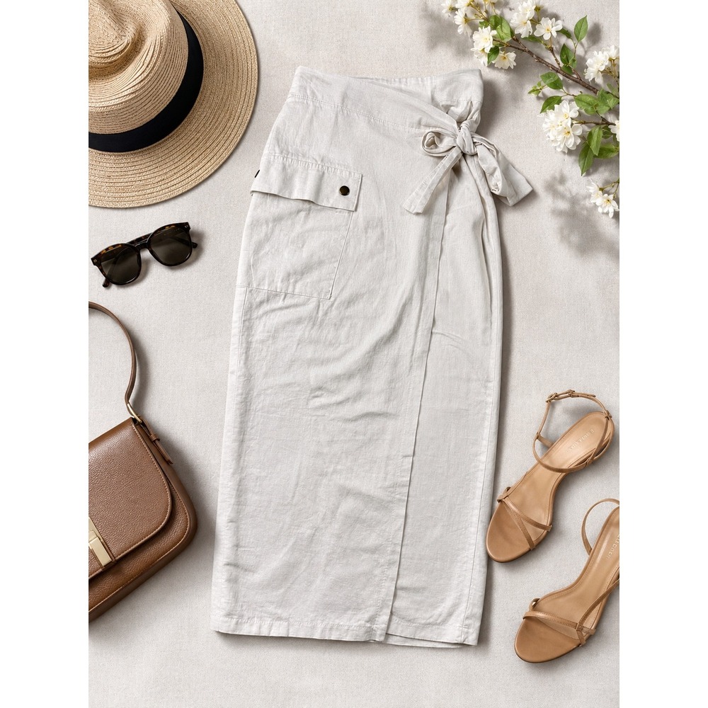 Contempo Women Off White Linen Blend Wrap Midi Skirt‎ Cargo Pocket XS